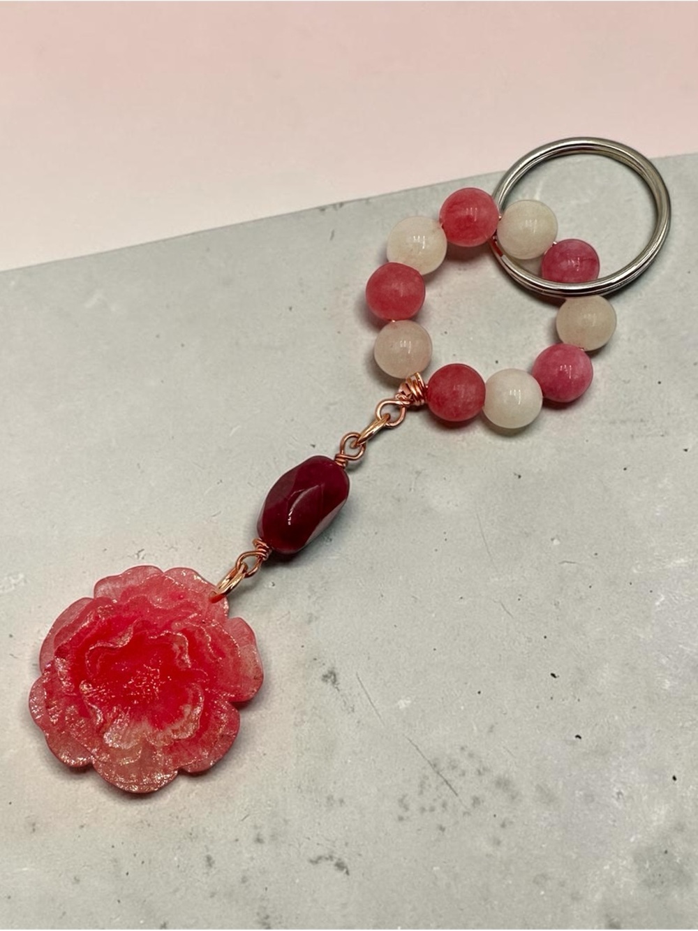 Handmade Pink Beaded Flower Keychain Rose Charm Key Ring Gift